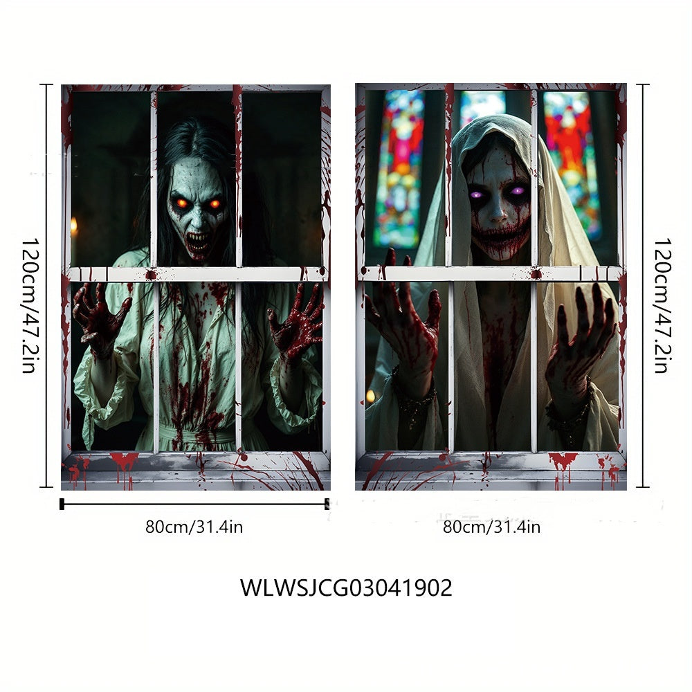 3D Holiday Halloween Horror Witch Window Cover Family Party Decoration Witch Zombie Ghosts Super Terrifying Photo Studio Backdrop Door Window Hanging Banner